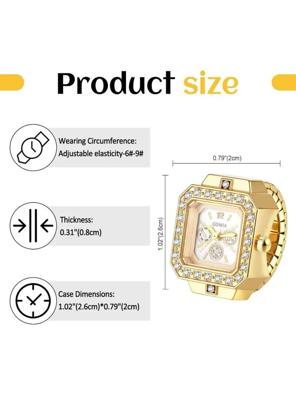 Unisex Gold Quartz Bling Stainless Steel Elastic Band Square Finger Ring Watch